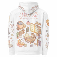 Unisex Anime Cat AOP Hoodie with all-over kawaii cat café print in pastel colors, cotton blend, casual style