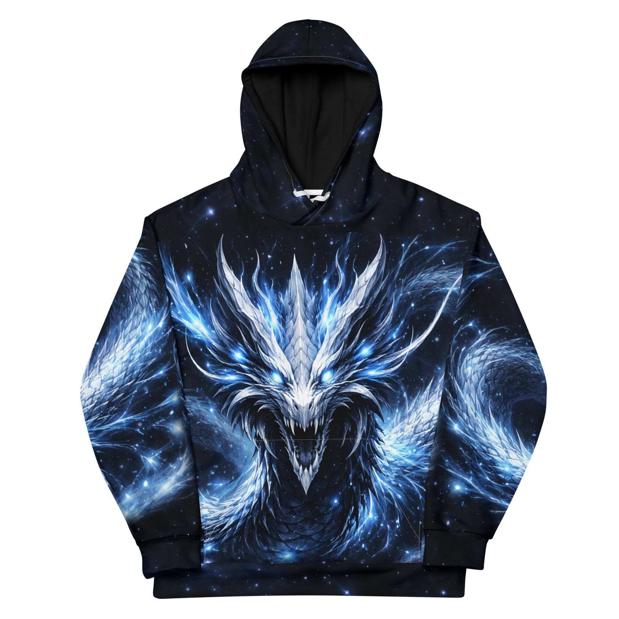 All-over print fantasy dragon hoodie with glowing blue design for men and women