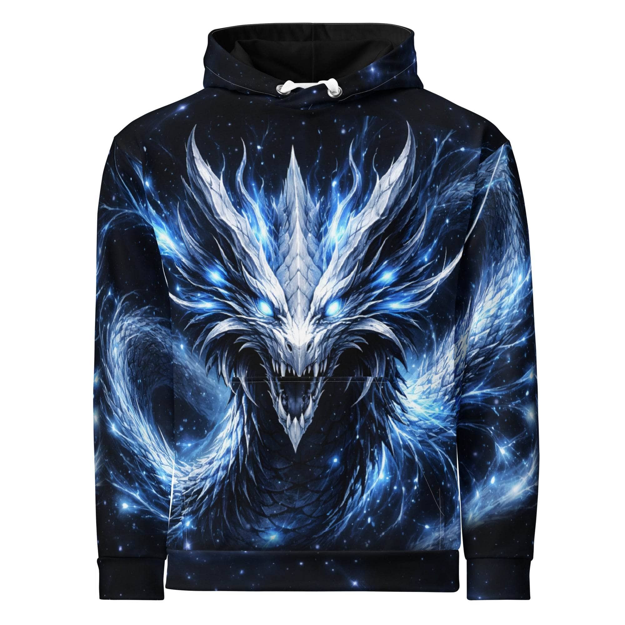 Unisex cotton hoodie with glowing all-over print fantasy dragon design for streetwear and anime fans