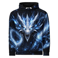 Unisex cotton hoodie with glowing all-over print fantasy dragon design for streetwear and anime fans