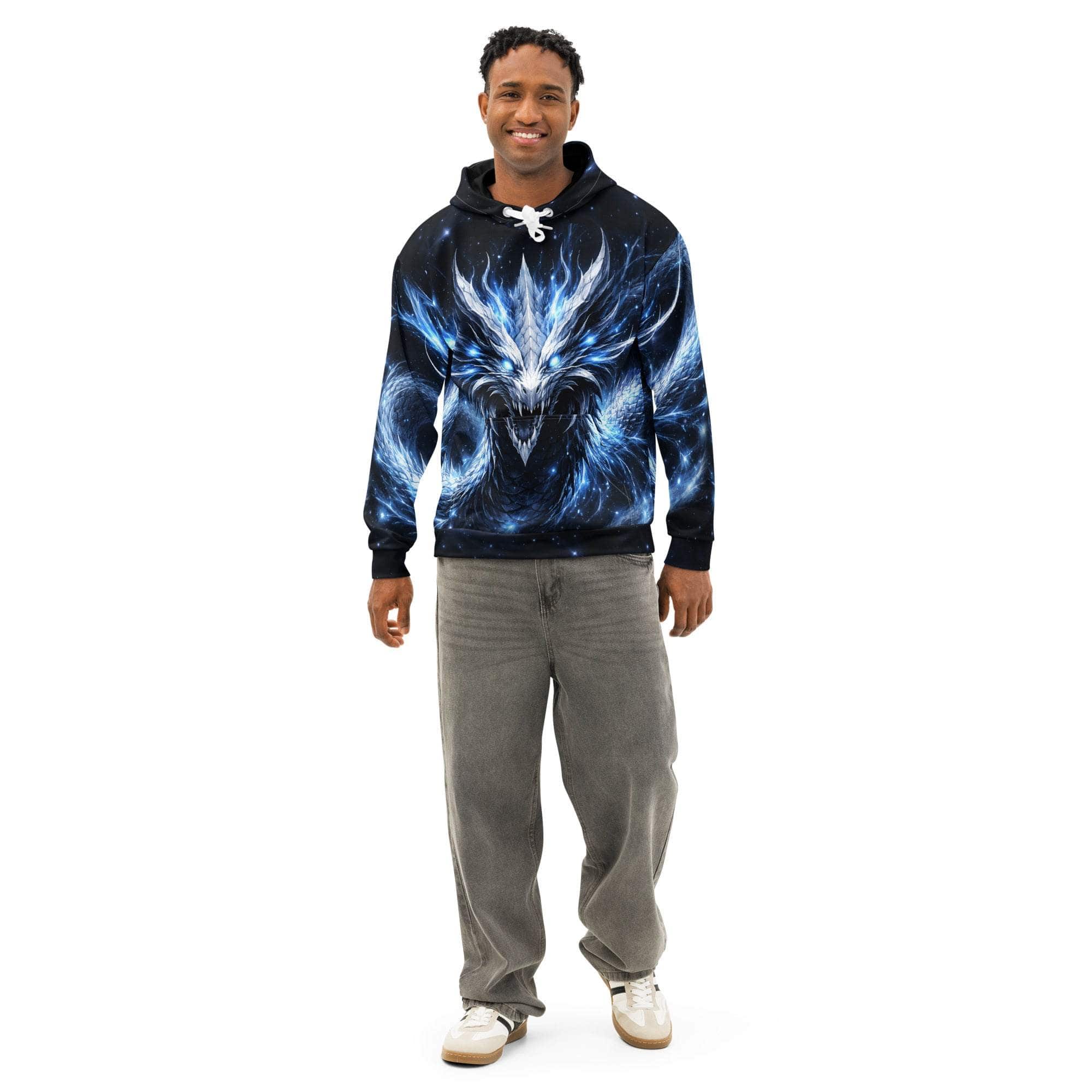 All-over print fantasy dragon hoodie with glowing blue design for men and women