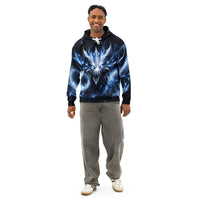 All-over print fantasy dragon hoodie with glowing blue design for men and women