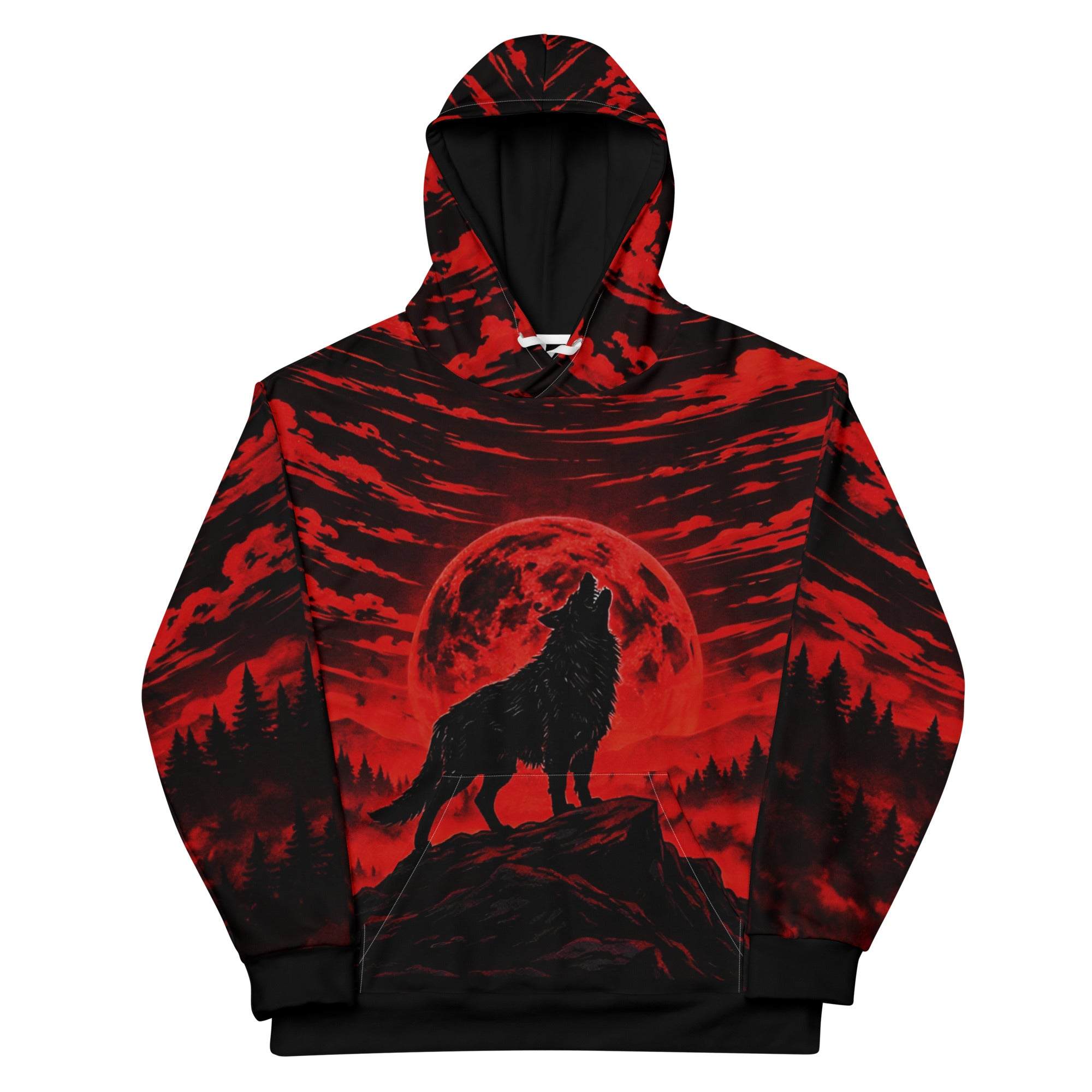 Unisex cotton hoodie with all-over wolf print and forest graphic design