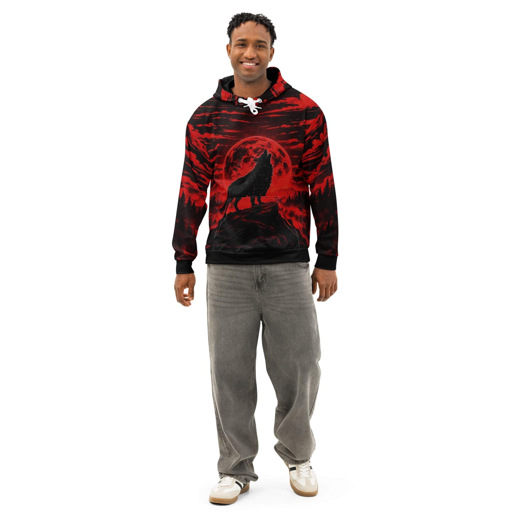 Unisex cotton hoodie with all-over wolf print, breathable and comfortable pullover for casual wear