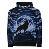 Blue Wolf all-over print unisex cotton hoodie with relaxed fit and double-layer hood