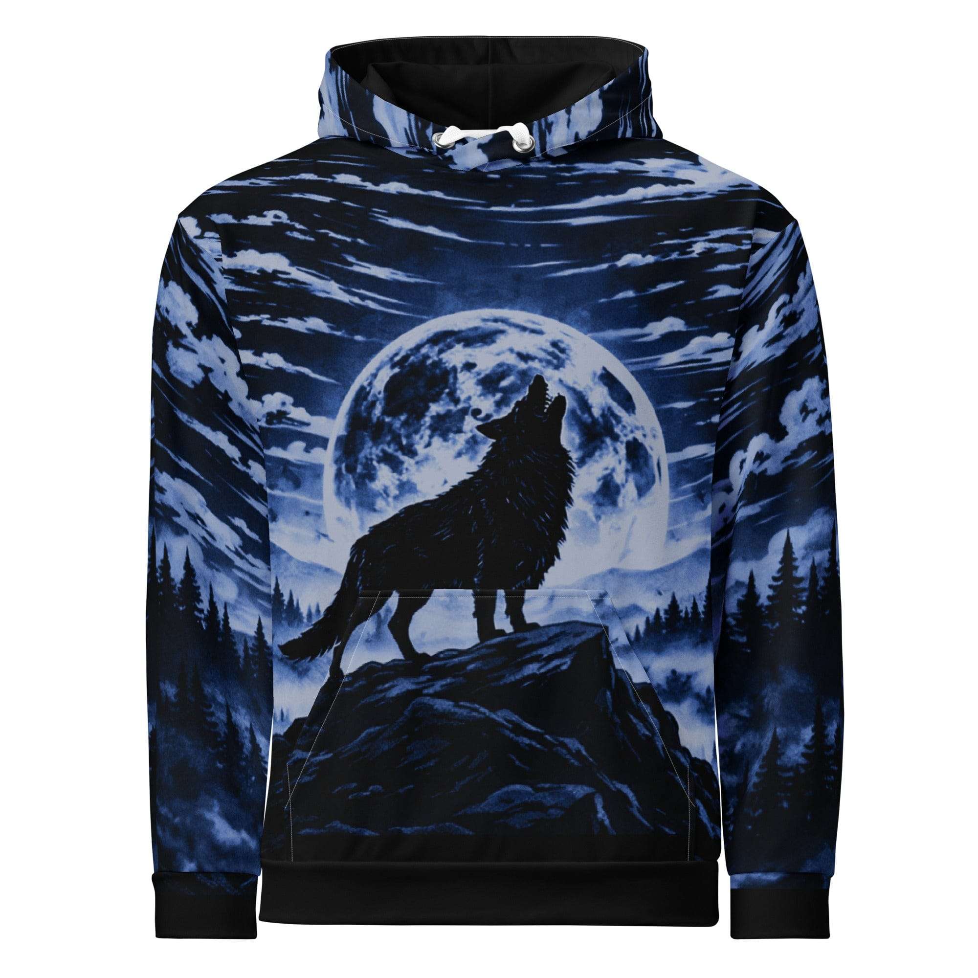 Blue Wolf all-over print unisex cotton hoodie with wolf silhouette and full moon design