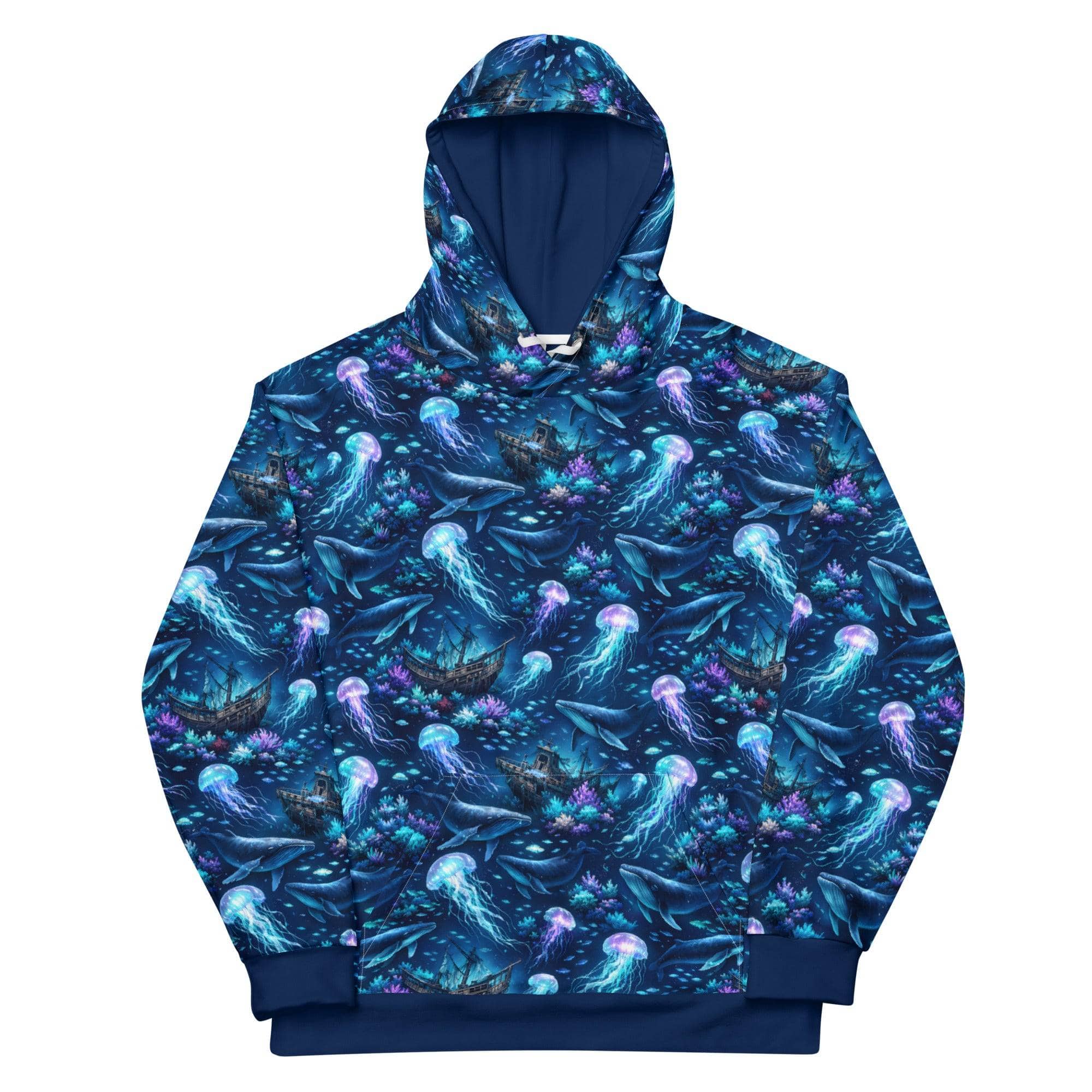 Unisex cotton hoodie with ocean jellyfish and whale design