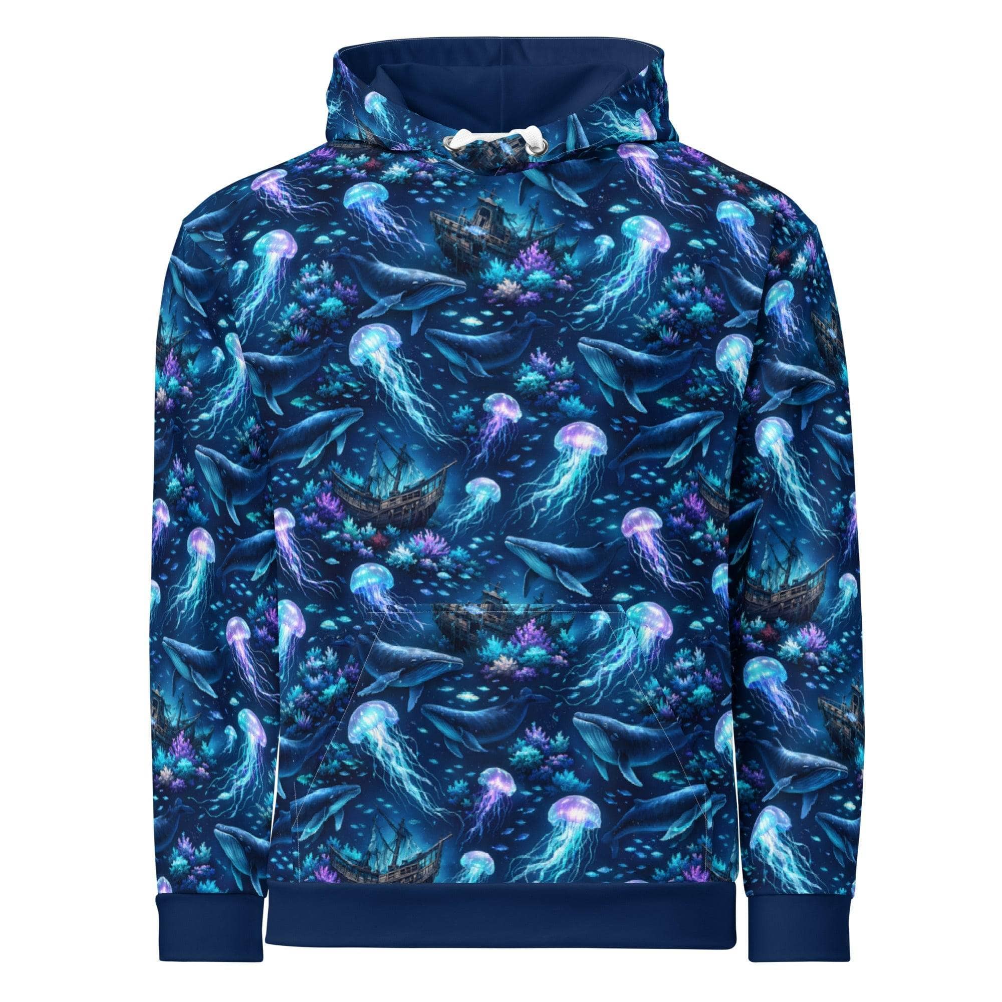 Unisex cotton hoodie featuring ocean jellyfish and whale marine design