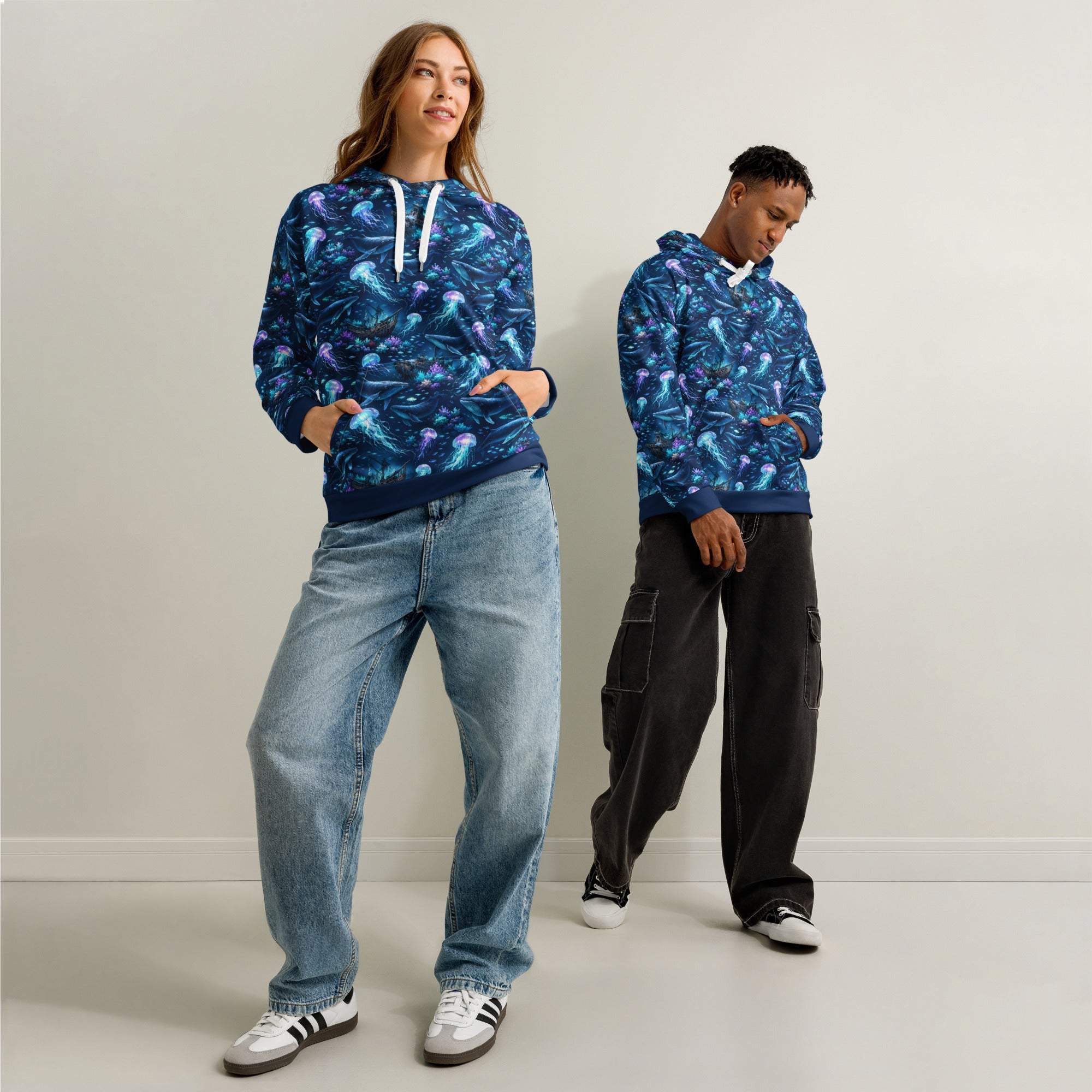 Unisex cotton hoodie with ocean jellyfish and whale marine design