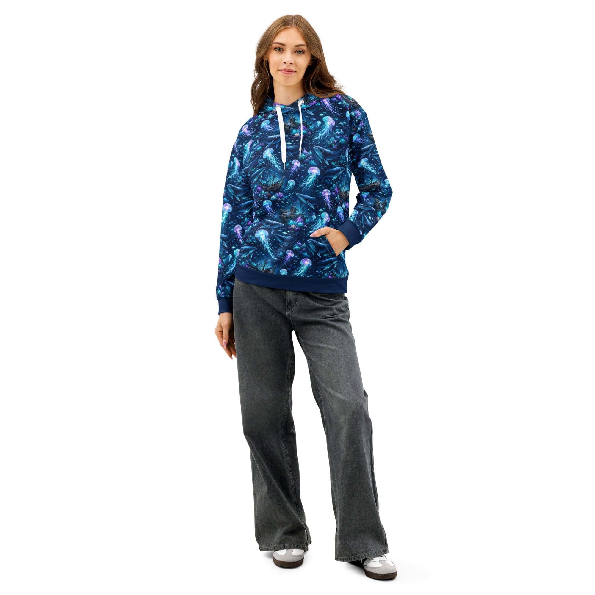 Unisex cotton hoodie featuring ocean jellyfish and whale marine design