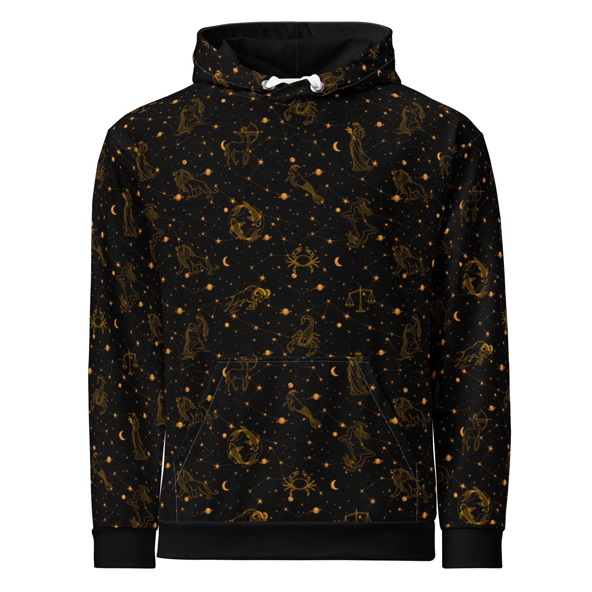 Unisex blue zodiac constellation hoodie with celestial print and cozy cotton fabric