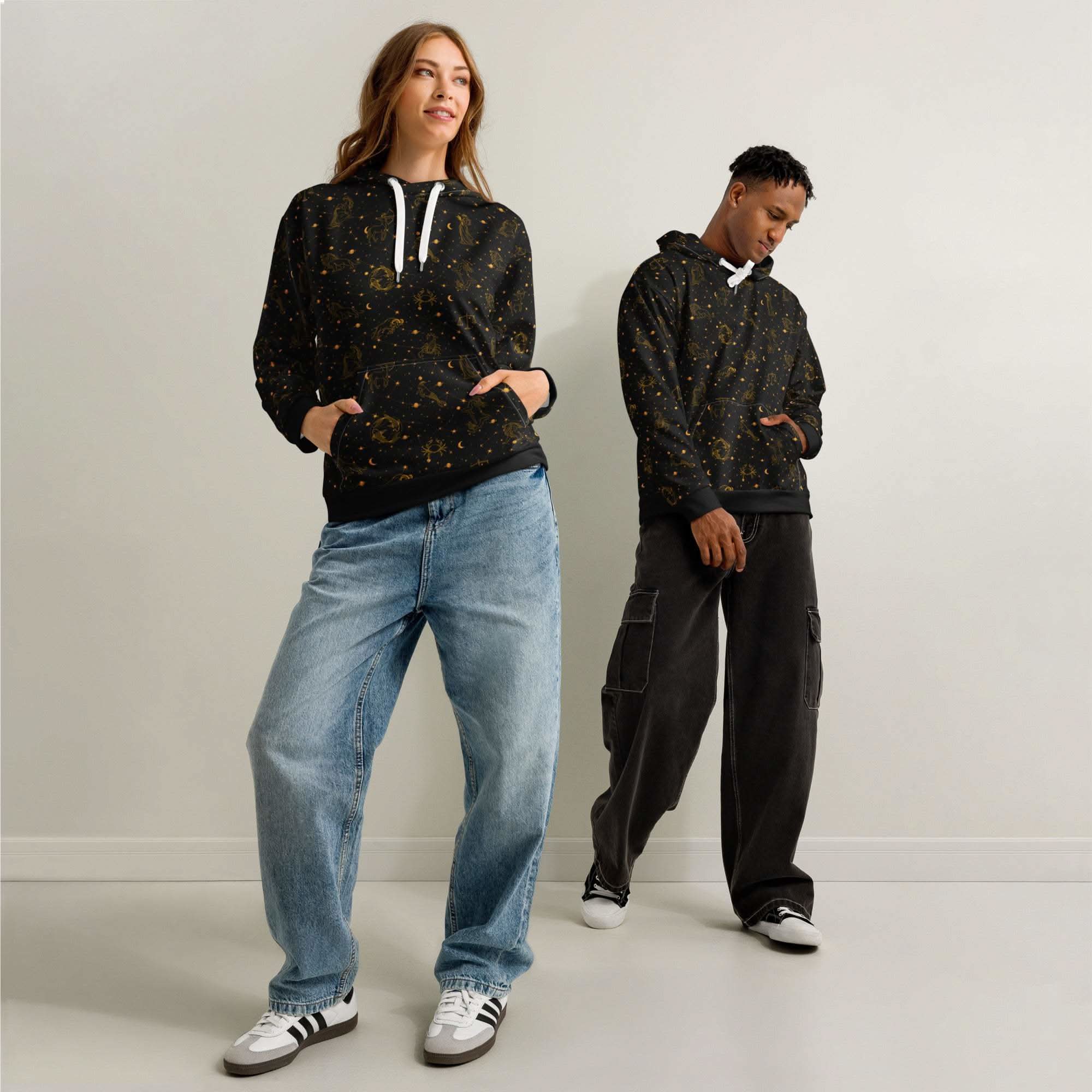 Unisex black cotton hoodie with zodiac constellation print and celestial design