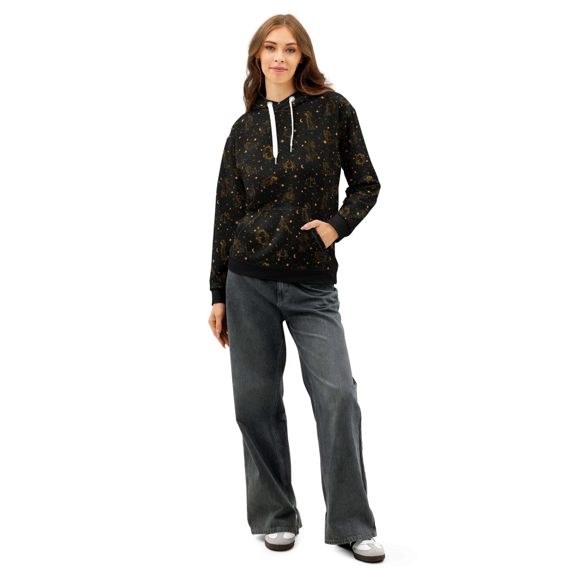 Unisex blue cotton hoodie with zodiac constellation celestial design