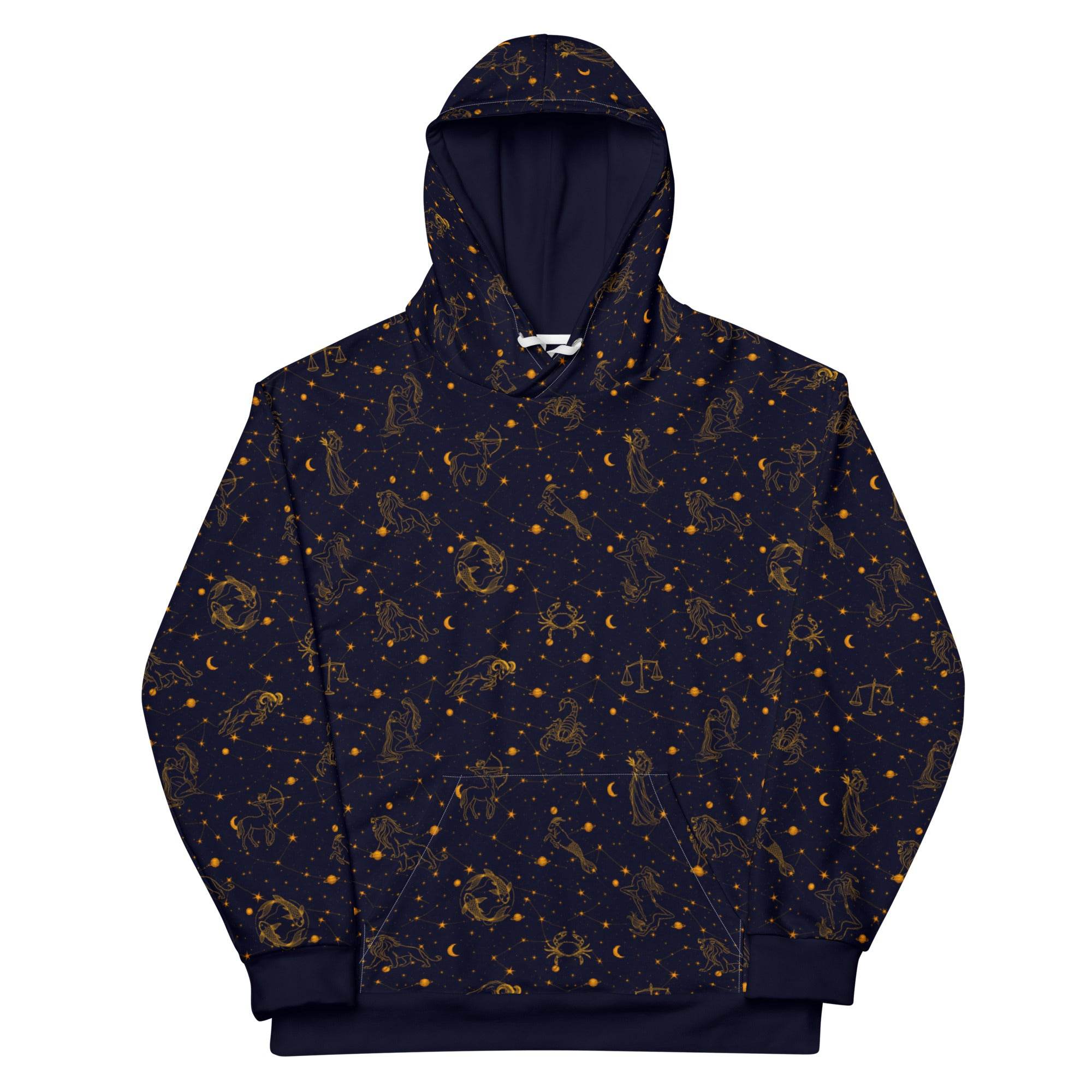 Unisex blue cotton hoodie with zodiac constellation print and kangaroo pocket