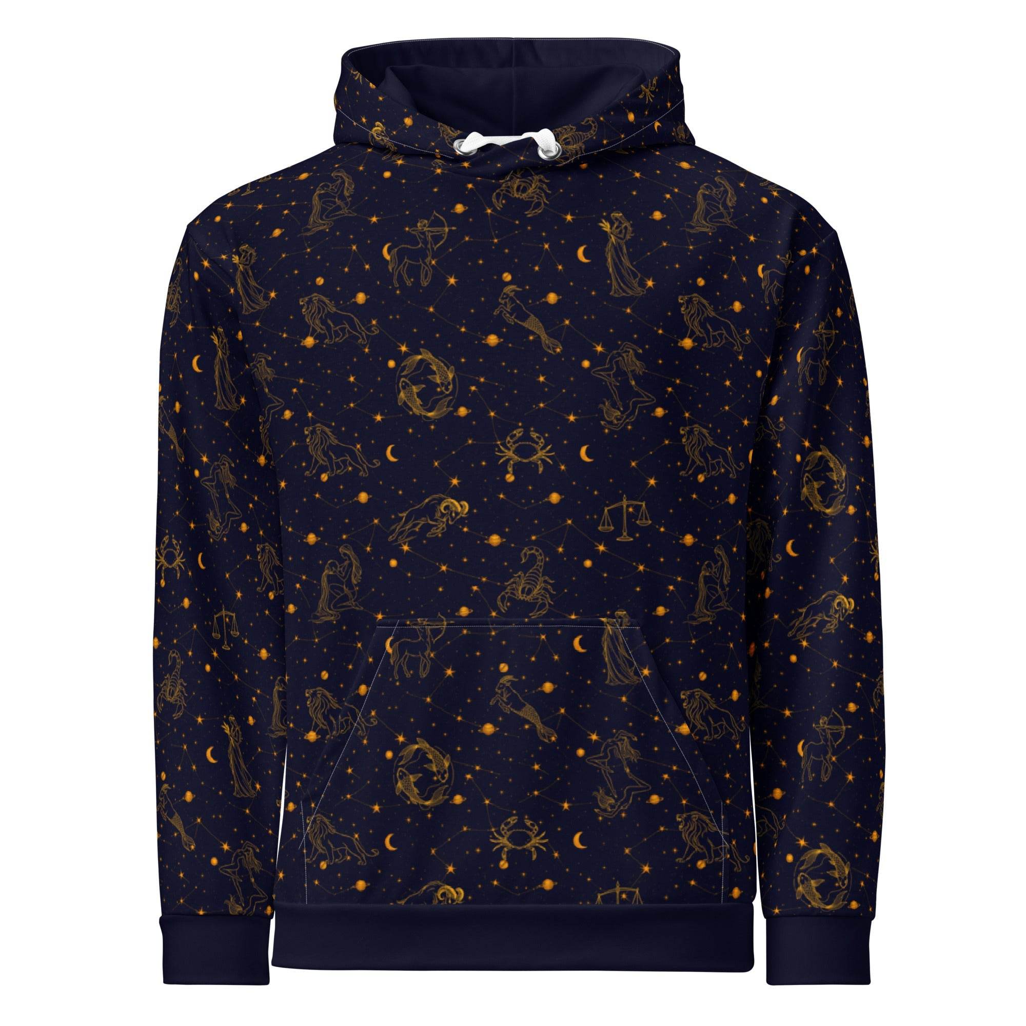 Blue Zodiac Constellation printed unisex cotton hoodie with relaxed fit and double-layer hood