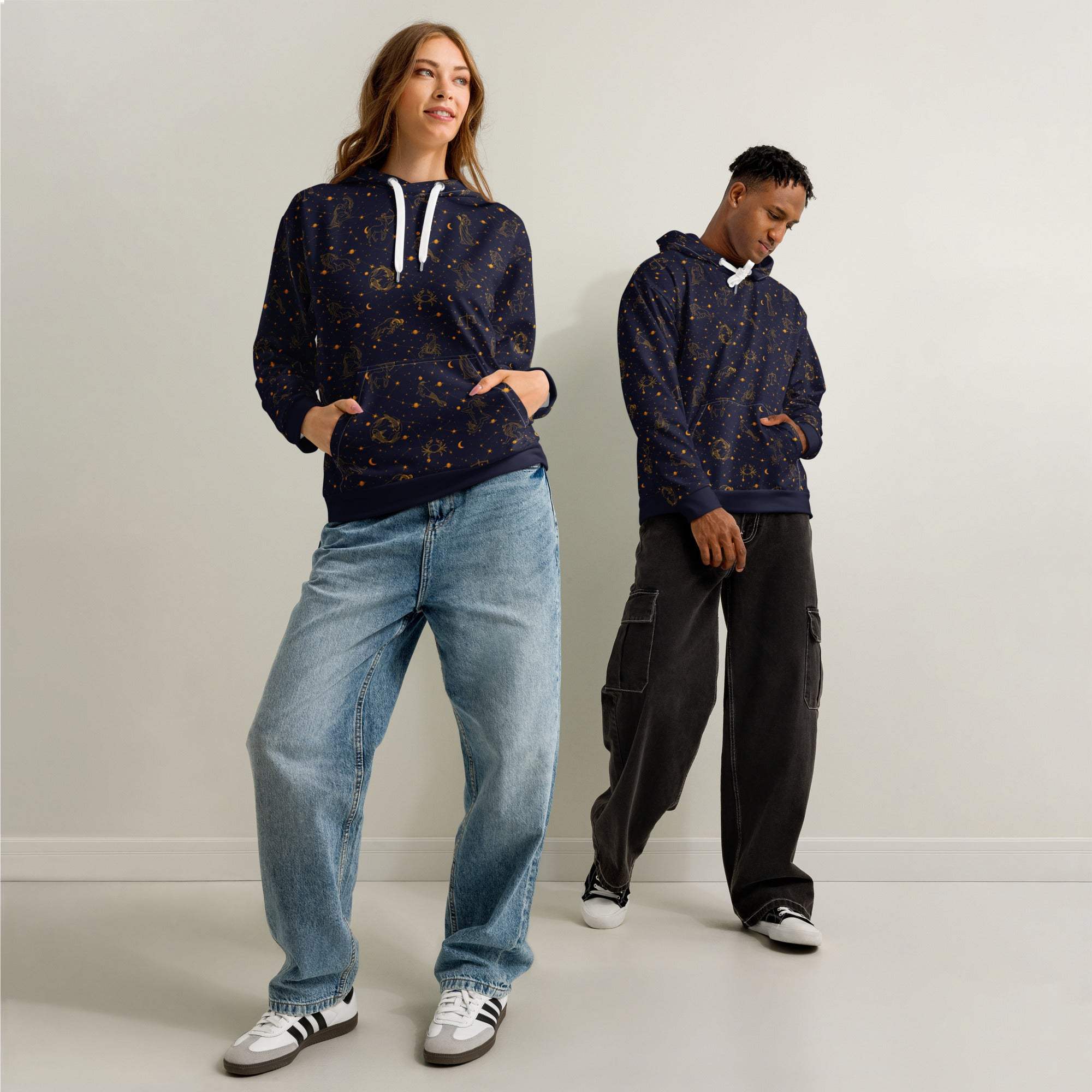 Blue Zodiac Constellation hoodie with cosmic constellation print on soft unisex cotton pullover