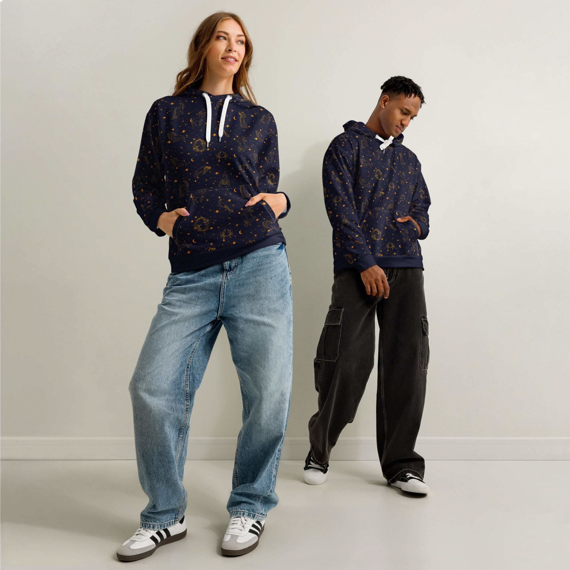 Blue Zodiac Constellation hoodie with cosmic constellation print on soft unisex cotton pullover