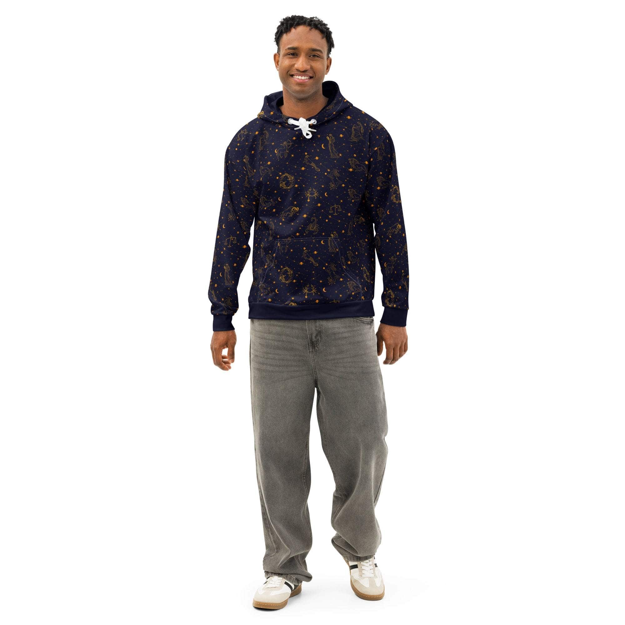 Blue Zodiac Constellation hoodie with celestial print on soft unisex cotton pullover