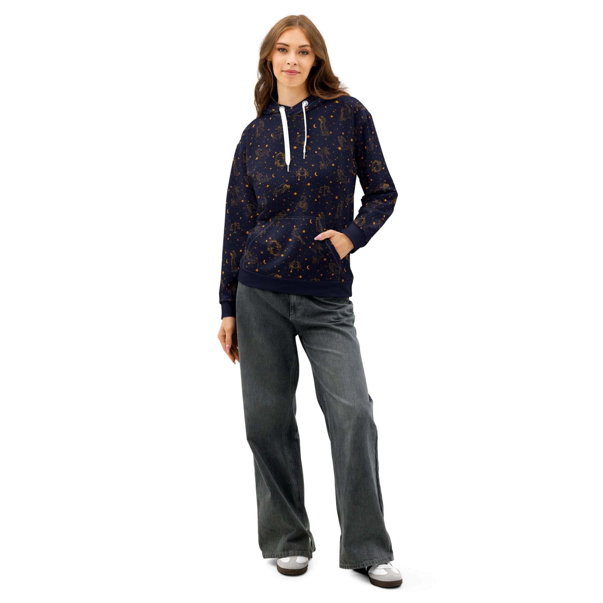 Unisex blue cotton hoodie with zodiac constellation print and kangaroo pocket