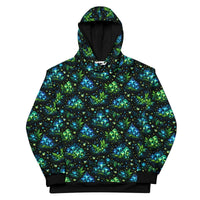 Bioluminescent Forest Hoodie with glowing mushrooms and fireflies all-over print on black cotton fabric