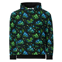 Bioluminescent Forest Hoodie with glowing mushrooms and fireflies all-over print on black cotton fabric
