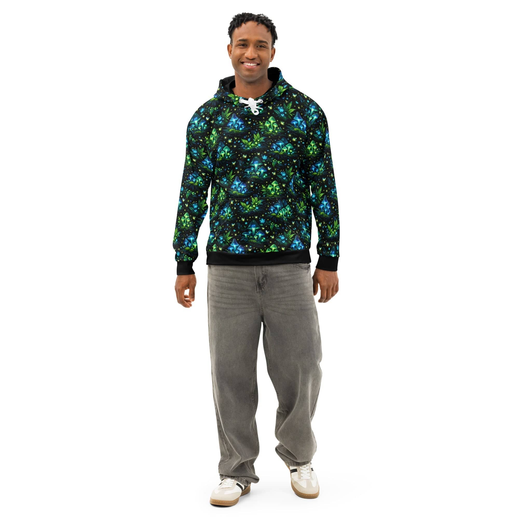 Bioluminescent Forest Hoodie with glowing mushrooms and fireflies all-over print on cotton fabric
