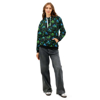 Bioluminescent Forest Hoodie with glowing mushrooms and fireflies on black cotton fabric