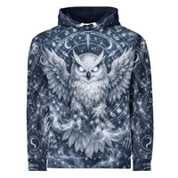 Mystical Owl Hoodie with necromancer symbols and arcane runes in bone white, midnight blue, and silver all-over print