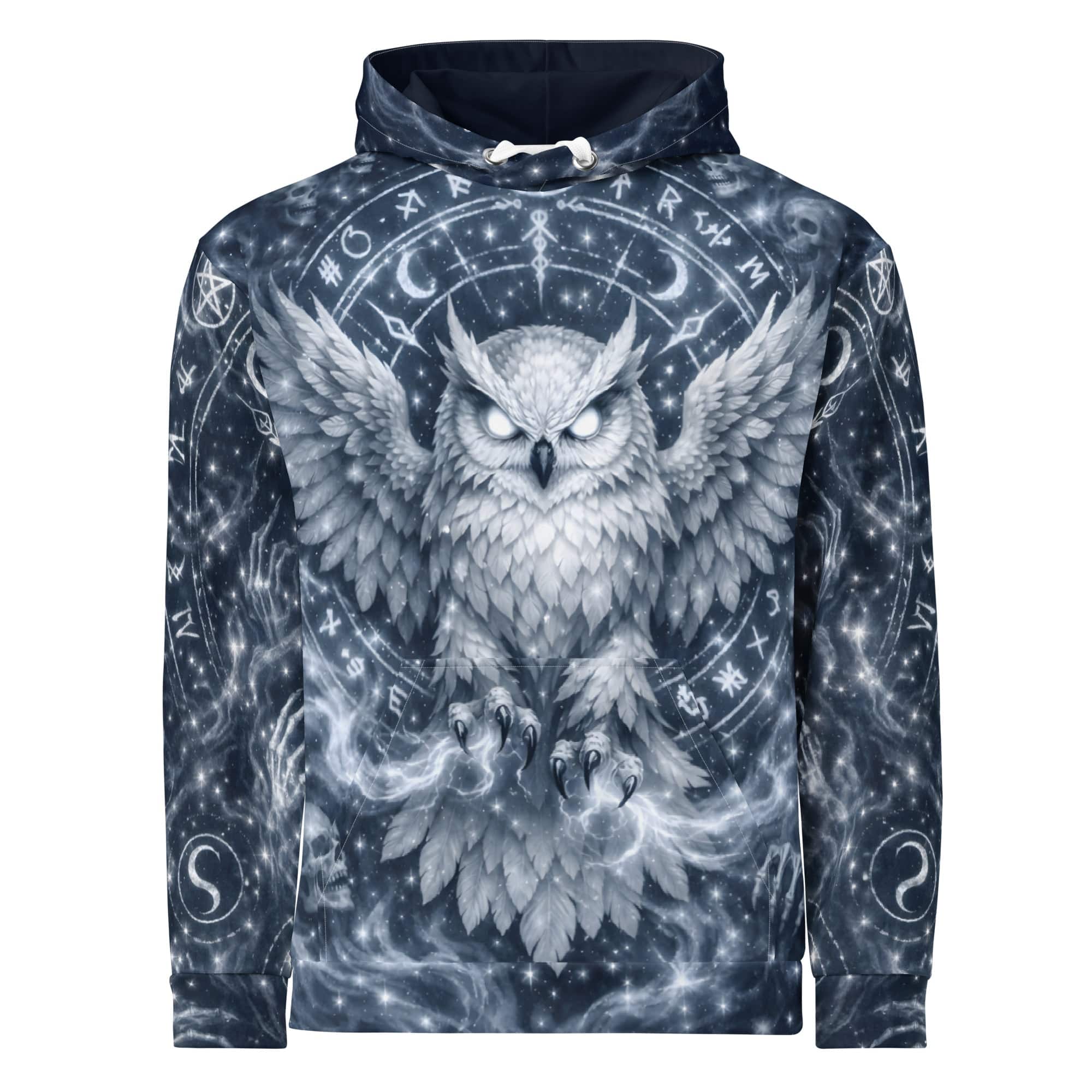 Mystical Owl Hoodie with necromancer symbols and arcane runes in bone white, midnight blue, and silver all-over print