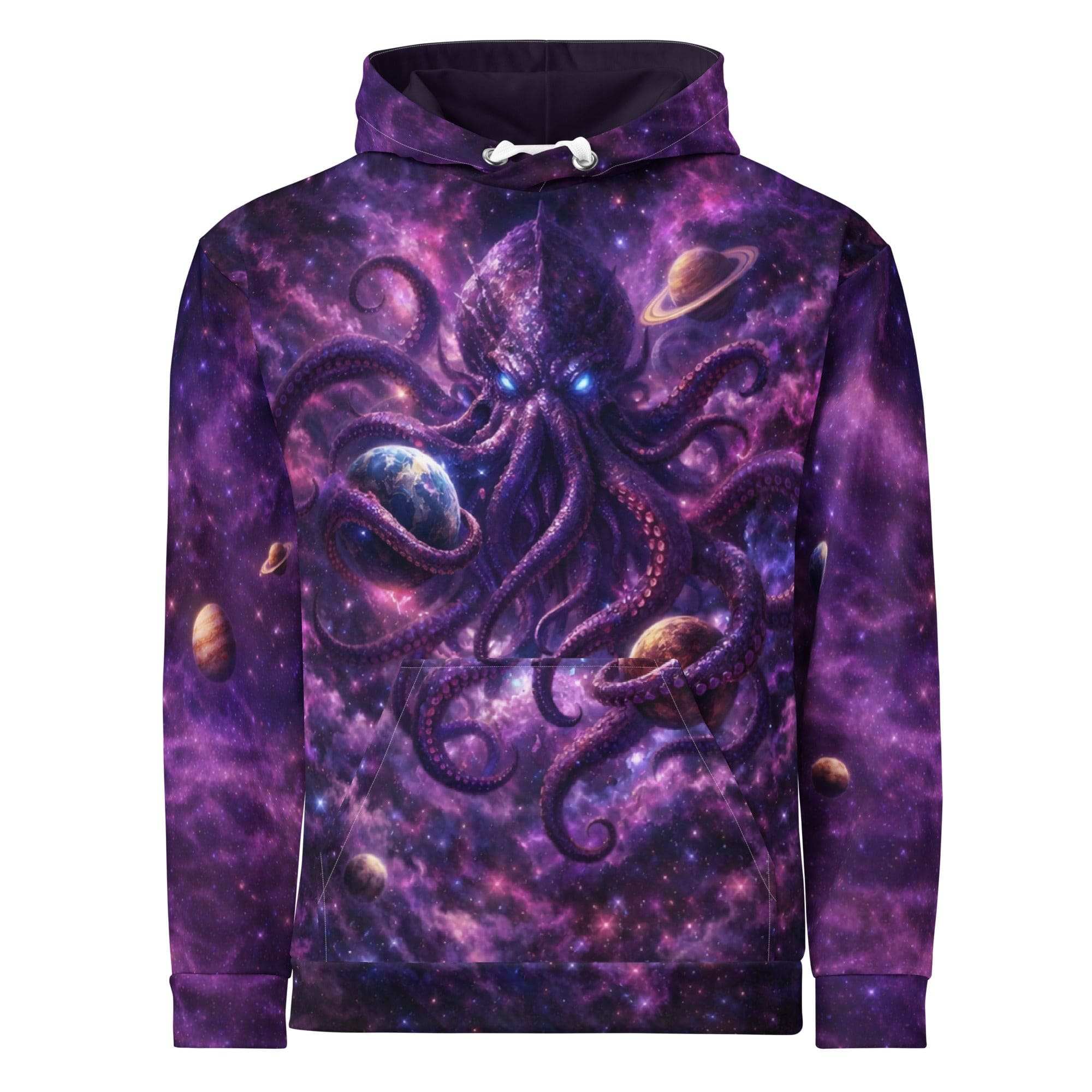 Cosmic Kraken hoodie with all-over space and kraken tentacle print in purples and blues