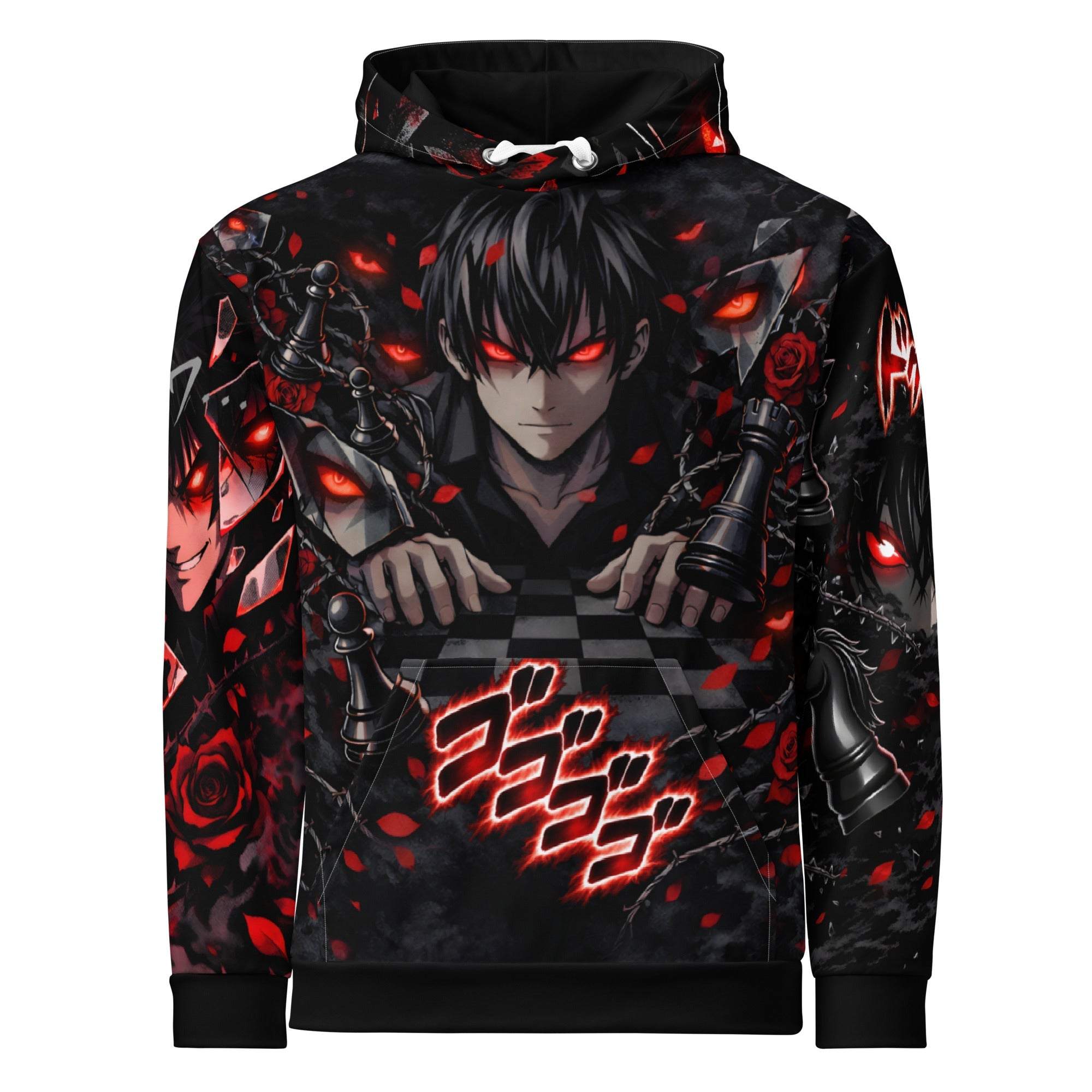 Anime Villain Aesthetic Hoodie with dark crimson and black design featuring glowing red eyes, shattered mirrors, chess pieces, and thorned roses in anime streetwear style