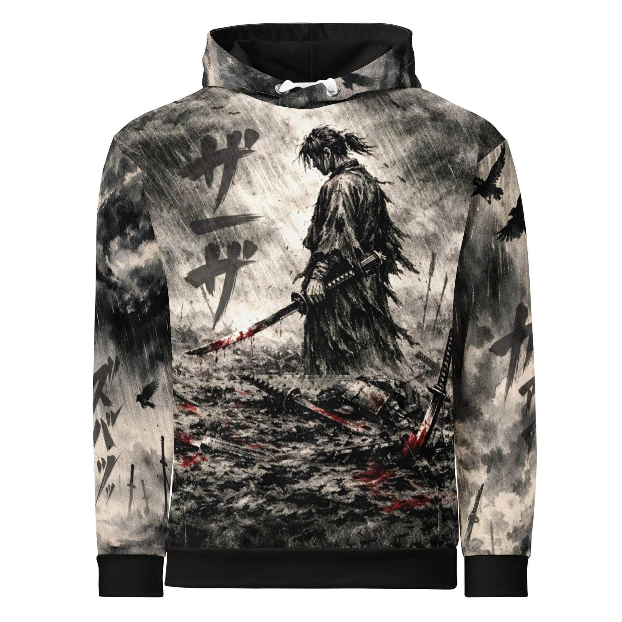 Dark seinen samurai hoodie with ink wash anime swordsman design and blood-red accents