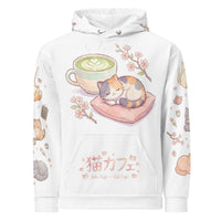 Anime Cat AOP Hoodie featuring all-over print of kawaii anime cats in Japanese café setting on unisex cotton fabric