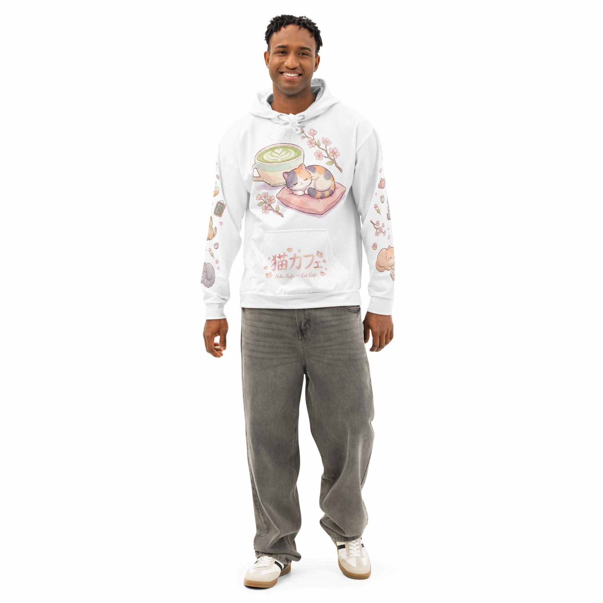 Unisex Anime Cat AOP Hoodie with all-over kawaii cat café print in pastel colors on soft cotton fabric
