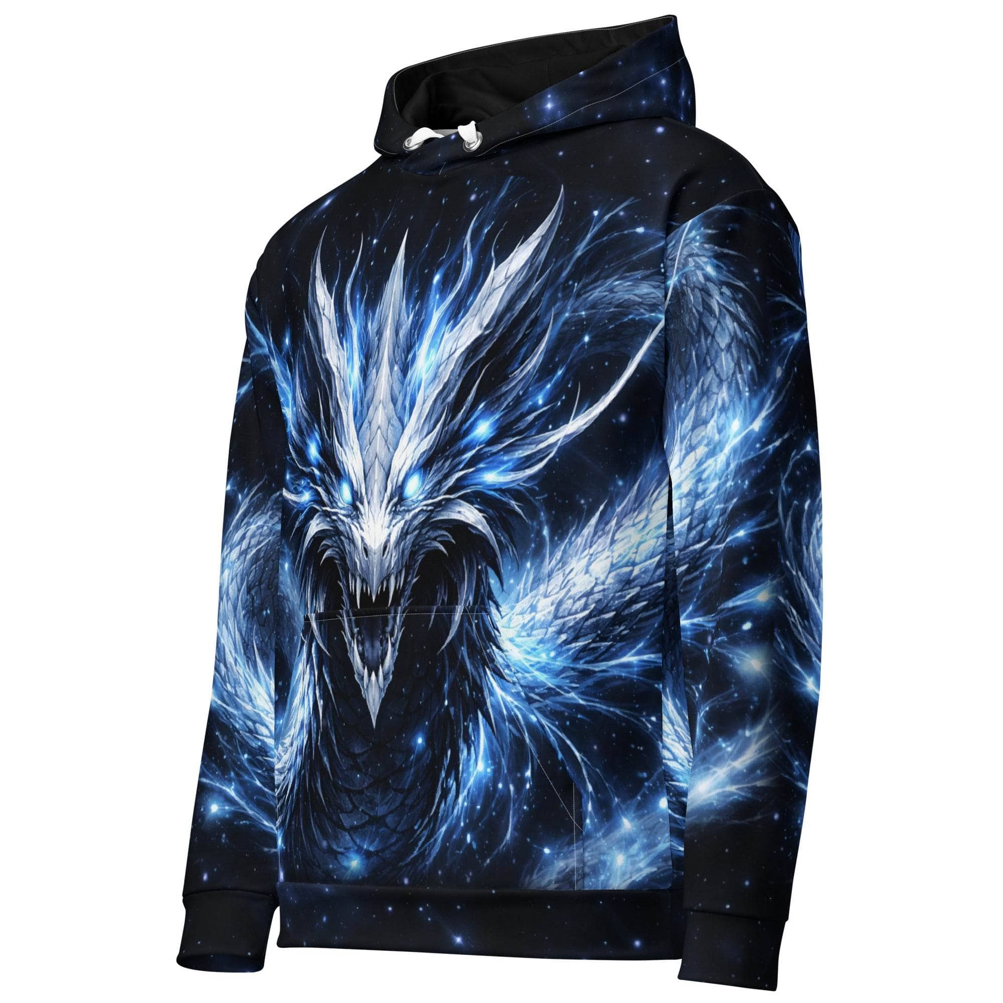 All-over print fantasy dragon hoodie with glowing blue dragon design for men and women