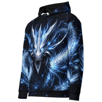 All-over print fantasy dragon hoodie with glowing blue dragon design for men and women