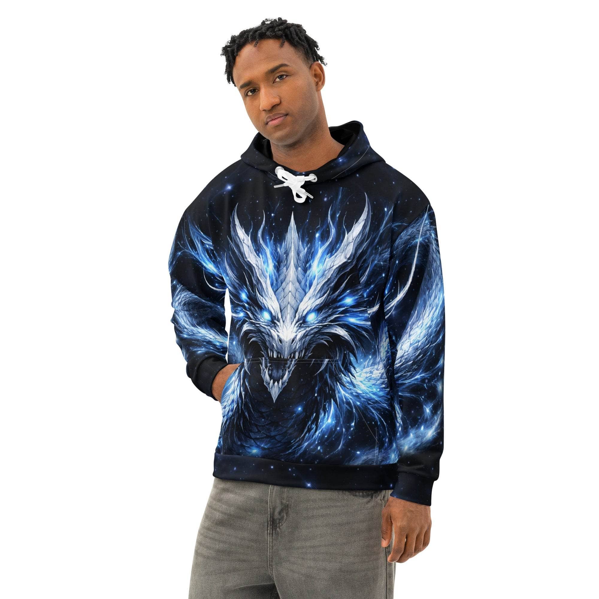 All-over print fantasy dragon hoodie with glowing blue design for men and women