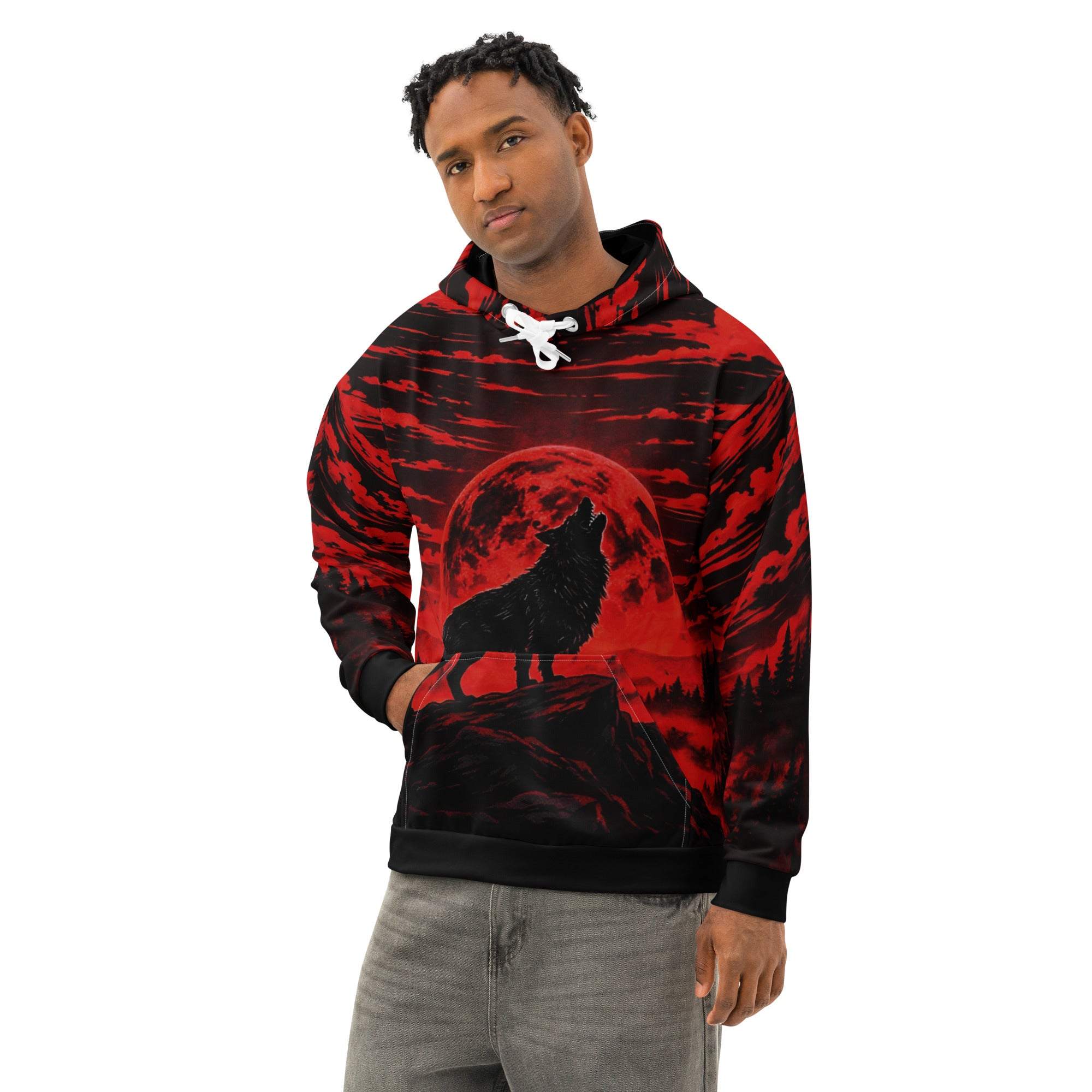 Unisex wolf all over print cotton hoodie with detailed wild forest graphic design