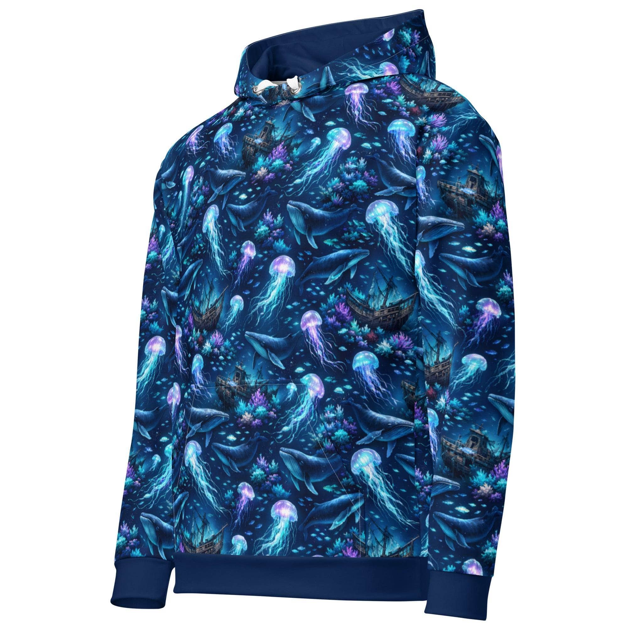 Unisex cotton hoodie with ocean jellyfish and whale graphic for marine lovers