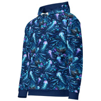 Unisex cotton hoodie with ocean jellyfish and whale graphic for marine lovers