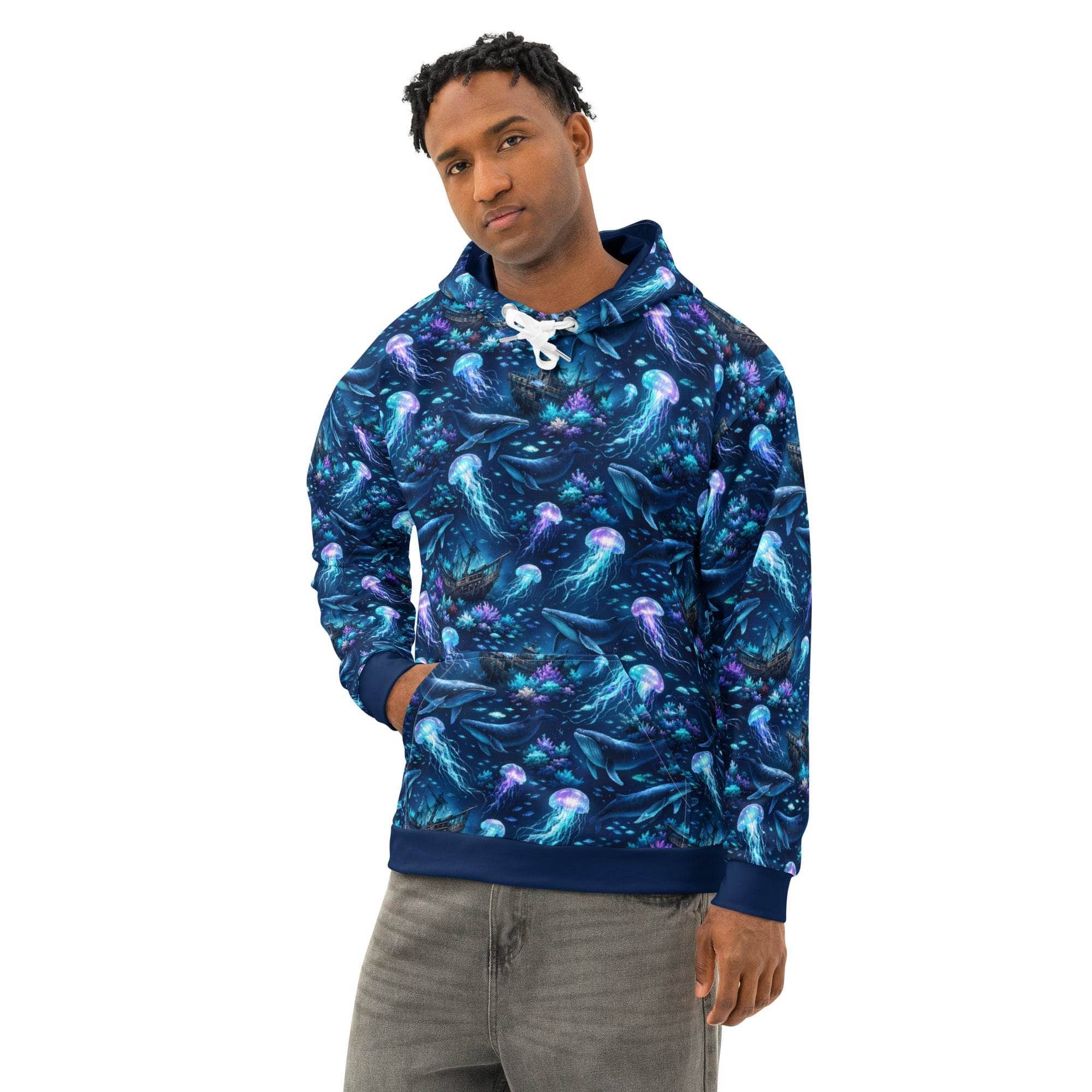 Unisex cotton hoodie with ocean jellyfish and whale graphic design