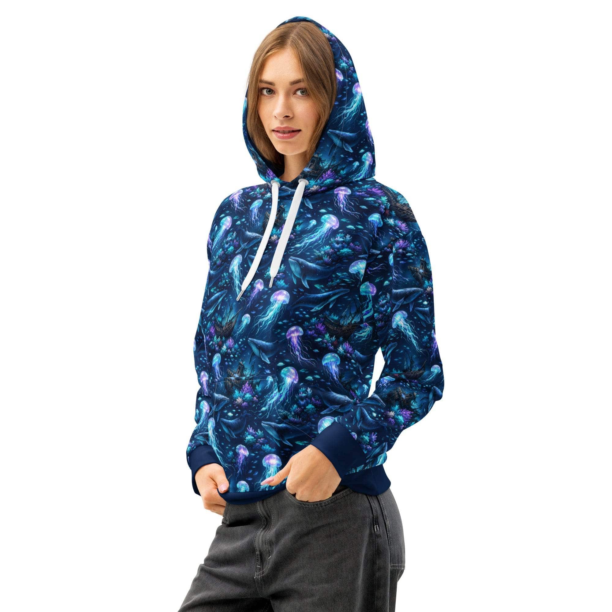 Unisex cotton hoodie with ocean jellyfish and whale marine design