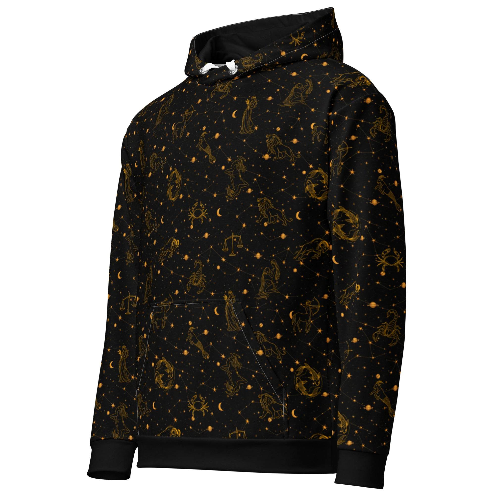 Unisex blue zodiac constellation hoodie with celestial print and cotton fabric