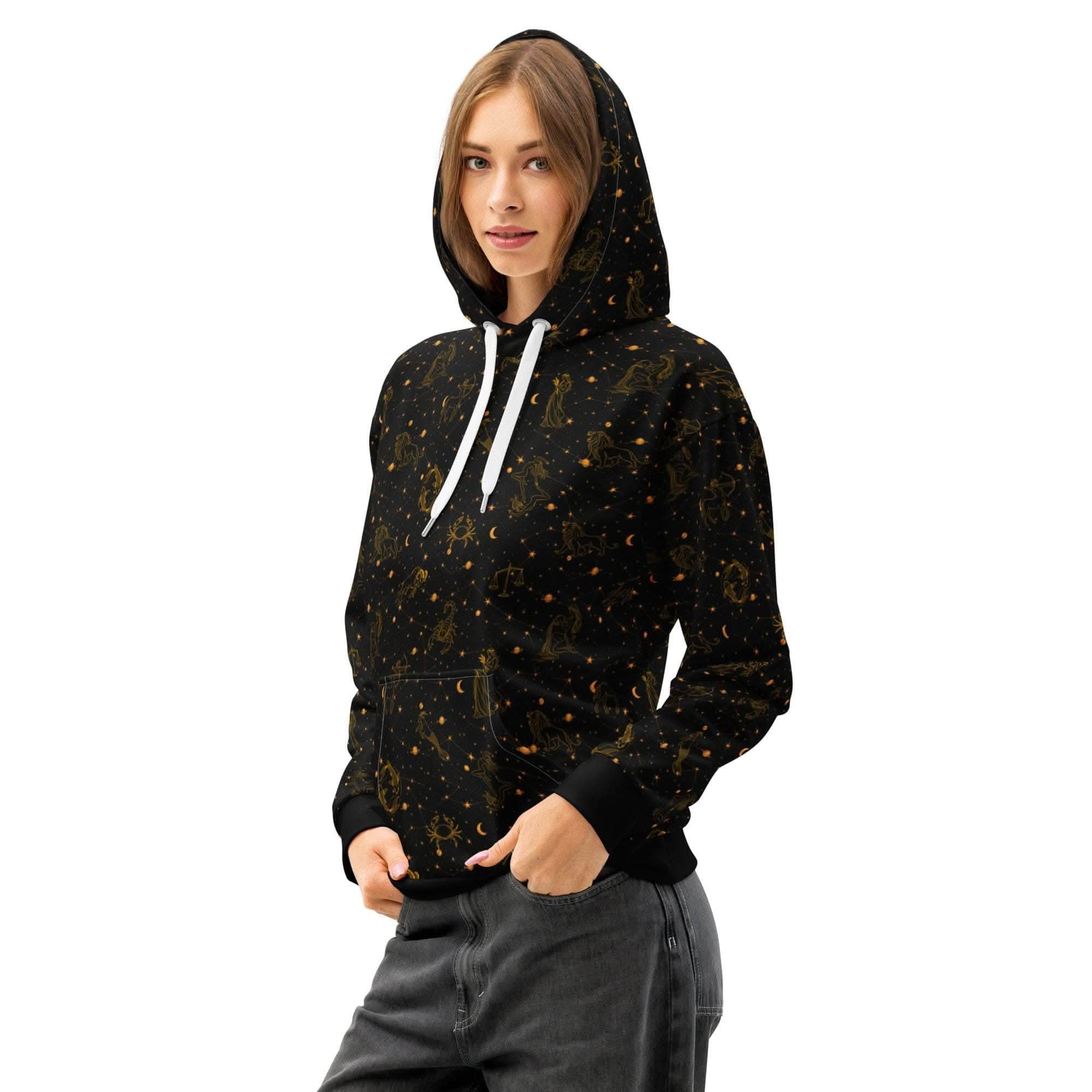 Unisex cotton hoodie with blue zodiac constellation print