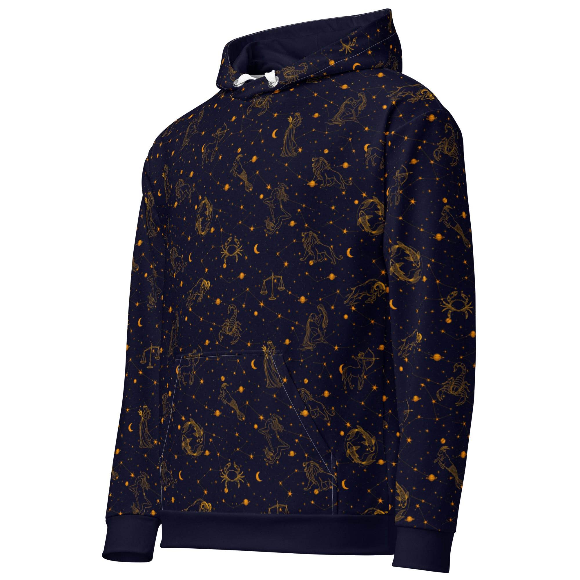 Unisex blue Zodiac constellation hoodie with celestial print on soft cotton pullover