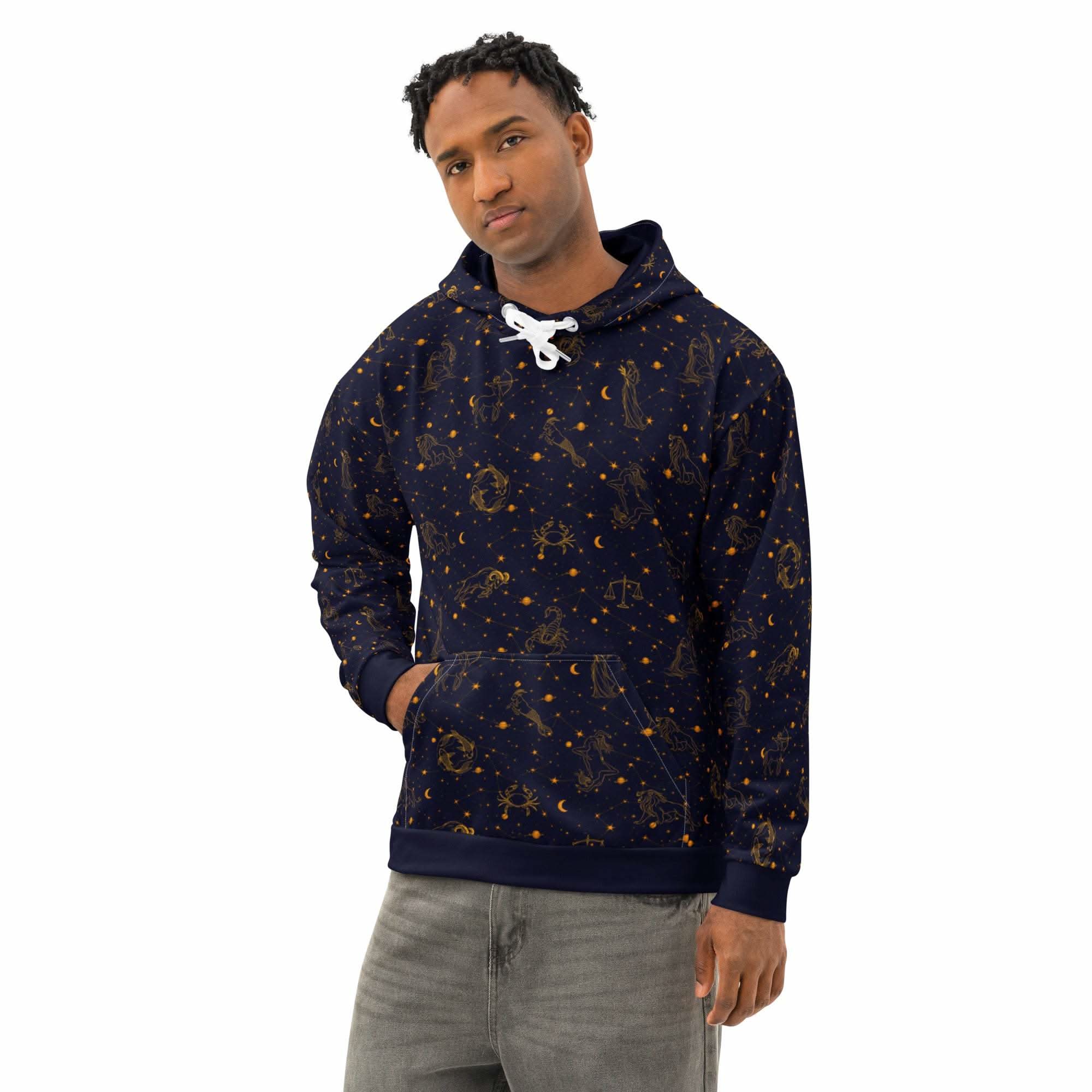 Blue unisex cotton hoodie with zodiac constellation print and kangaroo pocket