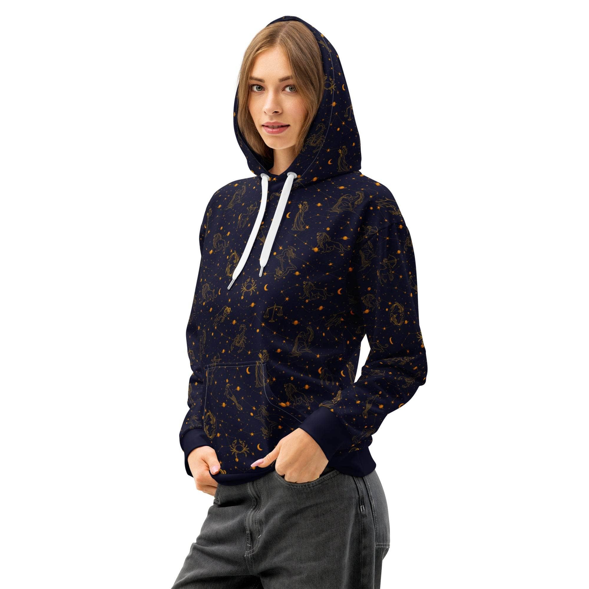 Unisex blue zodiac constellation hoodie with celestial print and kangaroo pocket