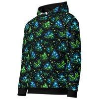 Bioluminescent Forest Hoodie featuring glowing mushrooms, fireflies, and neon plants on black cotton fabric