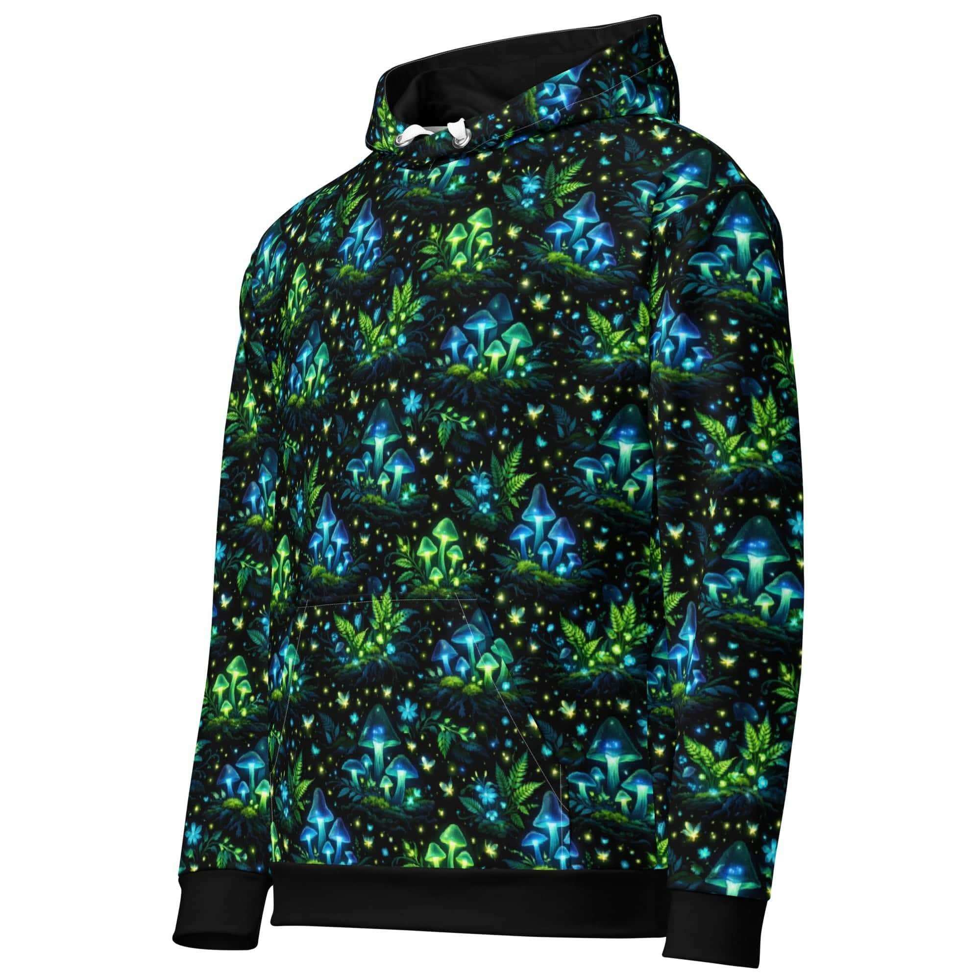 Bioluminescent Forest Hoodie featuring glowing mushrooms, fireflies, and neon plants on black cotton fabric