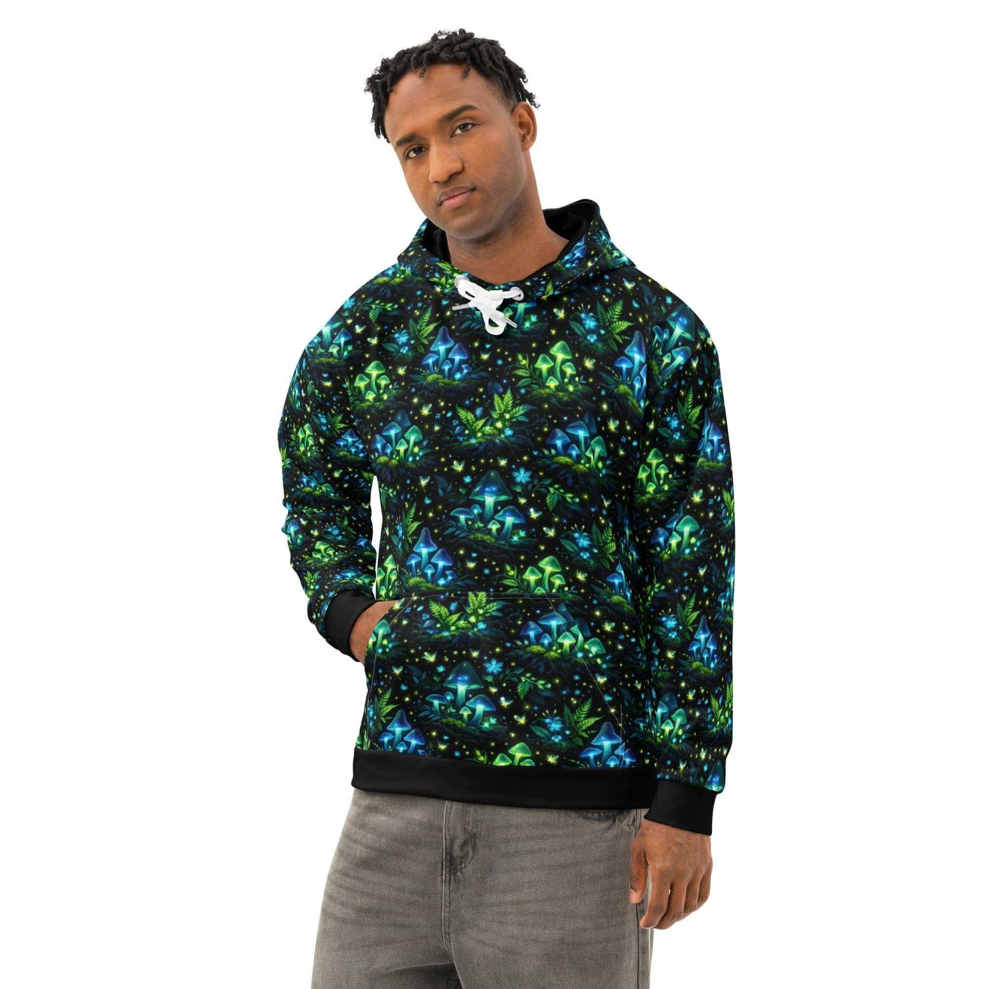 Bioluminescent Forest Hoodie with glowing mushrooms and fireflies all-over print on black cotton fabric